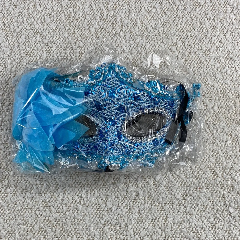 Blue Lace Venetian Masquerade Mask with Flower Accent led lights light up new